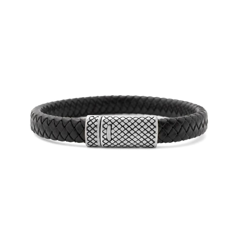 MENS 12MM STAINLESS STEEL BRAIDED LEATHER BRACELET 8.5"